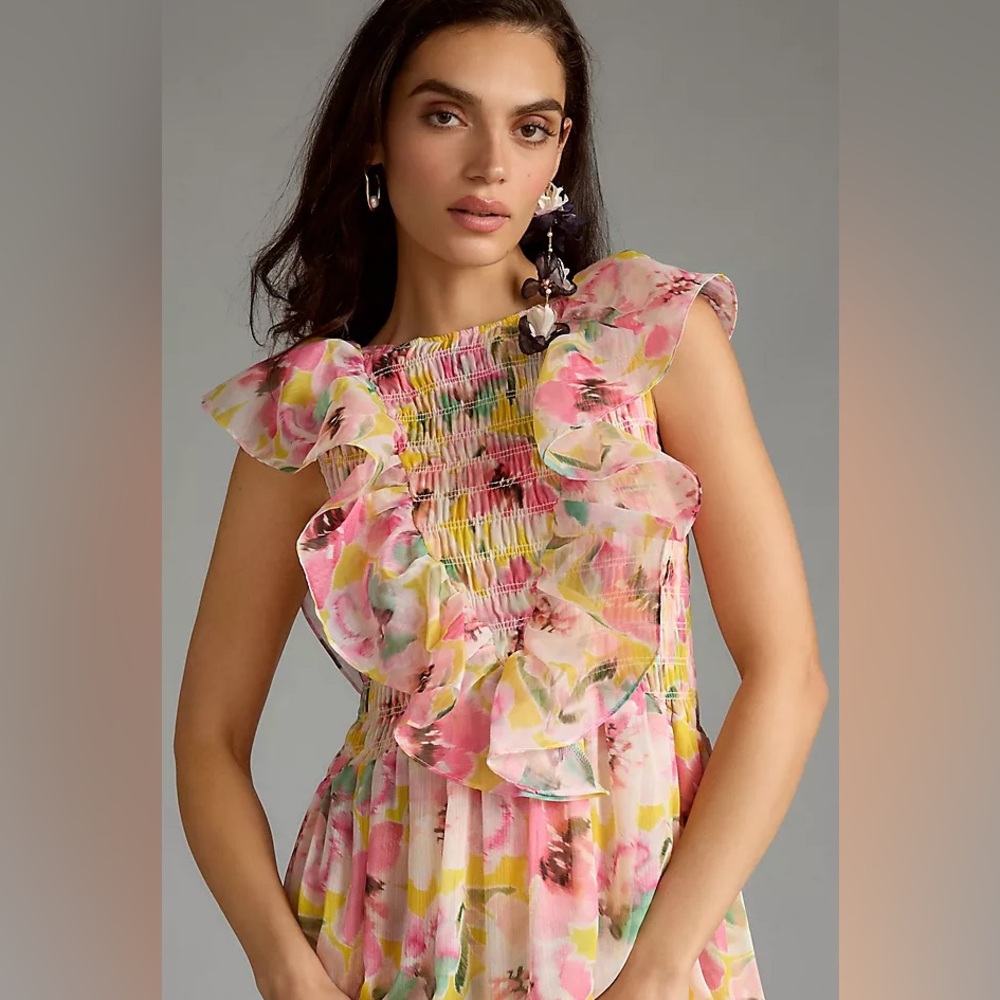 MISA Los Angeles Pink Floral Ruffle Reversible Maxi Dress